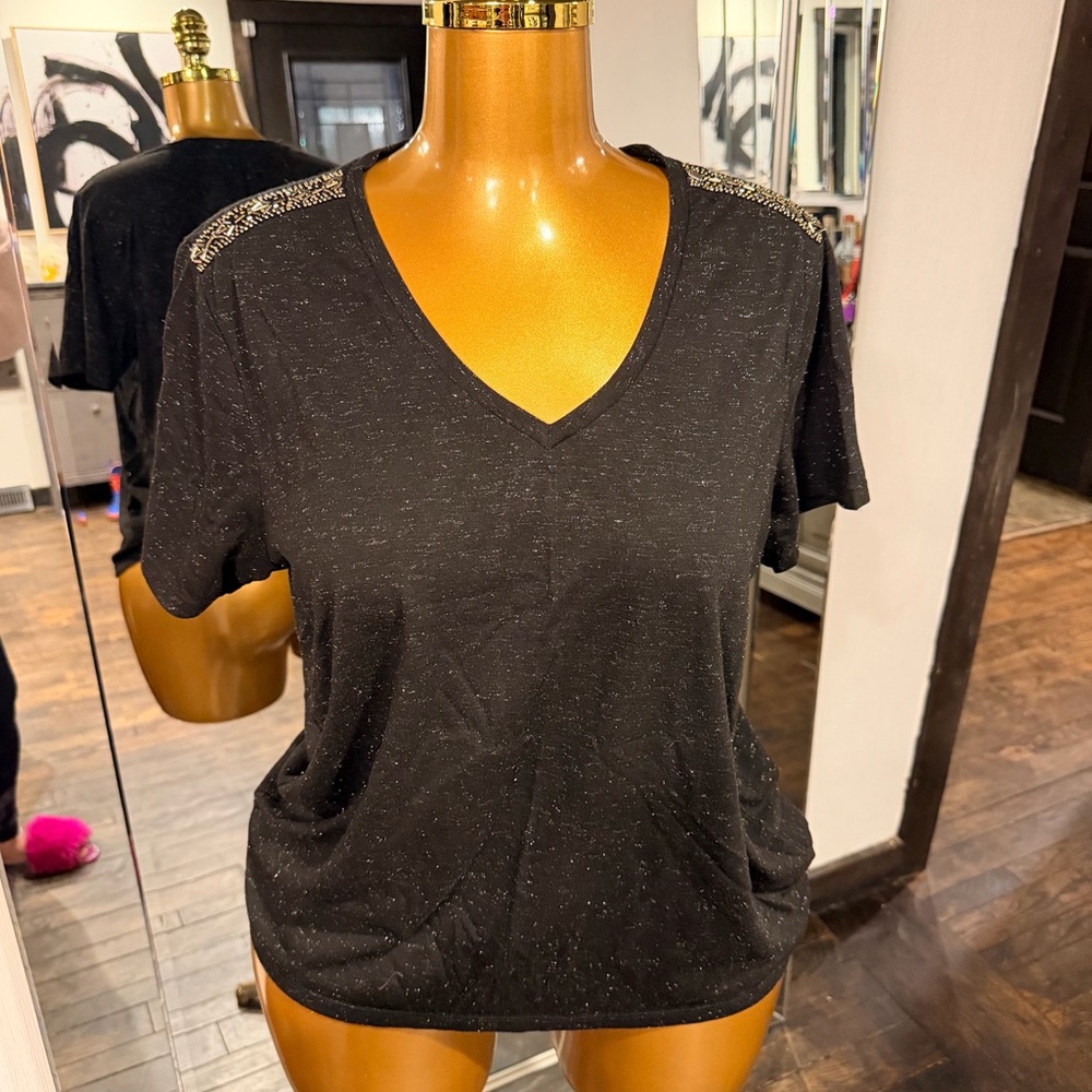 University Club Black Glitter V-Neck Tee Aztec Beaded Shoulder